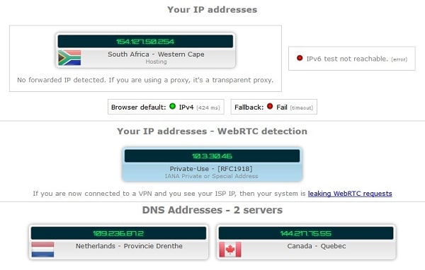 Tests de fuites IP, DNS et WebRTC TrustZone avec IPLeak